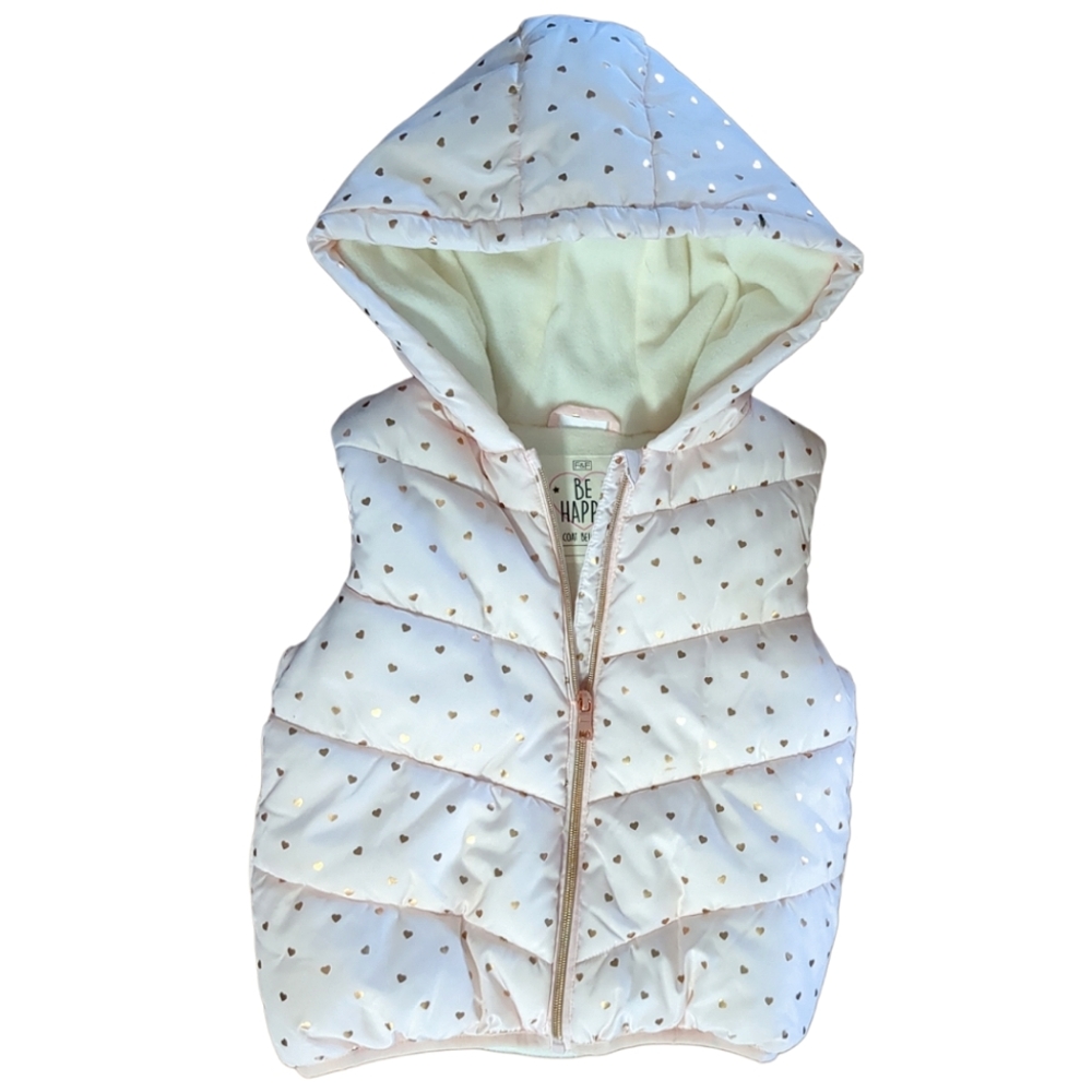 🍁2/$7🍁F&F Light Pink with Shiny Gold Hearts Hooded Puffer Vest